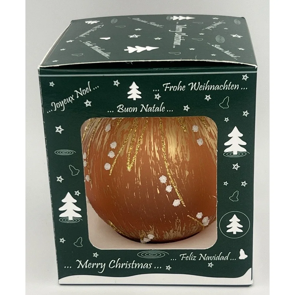 Orange Blown Glass Christmas Ornament Snow Falling Gold Glitter Made in Romania